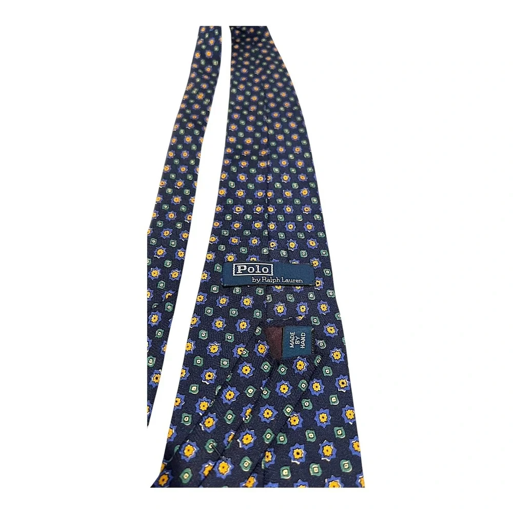 Polo Ralph Lauren Mens Floral Necktie Navy Blue Yellow Green Plaid Hand Made‎